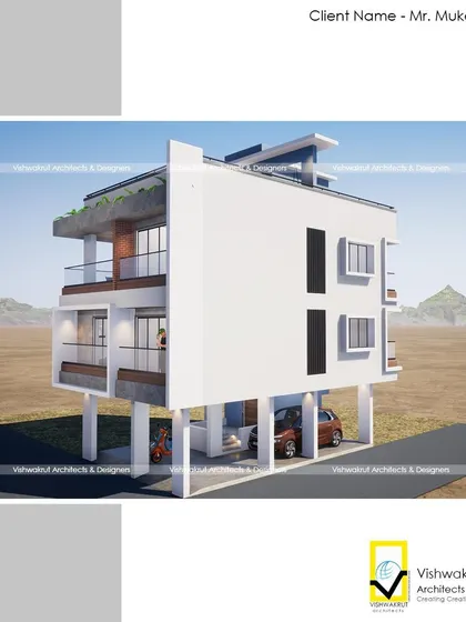 Another view of the stilt 4BHK house design in Uran, showing the structure from a higher angle. This helps visualize the terrace space and overall building mass.