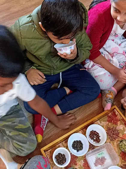 A sensory activity where children use their sense of smell to identify different Indian spices. This helps build vocabulary and sensory awareness.