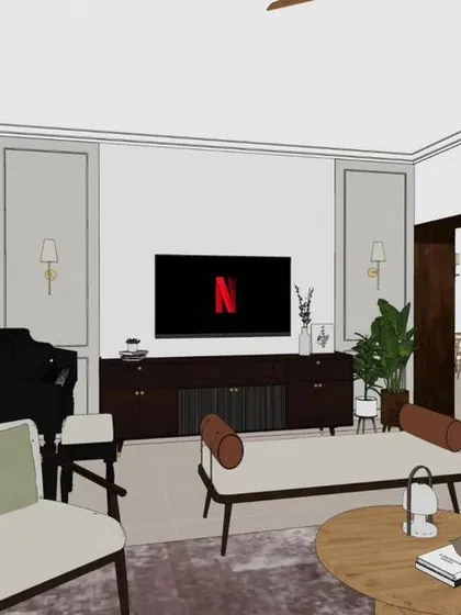 Movie nights just got a major upgrade! This living room render brings cozy vibes with modern style, showing how we plan the layout for both comfort and aesthetics.