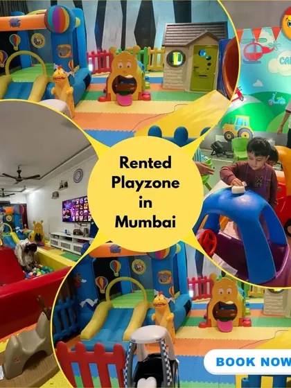 This collage shows a mix of indoor and outdoor setups, including a fun car wash theme and a large bouncy castle with a ball pit, all available for rent in Mumbai.
