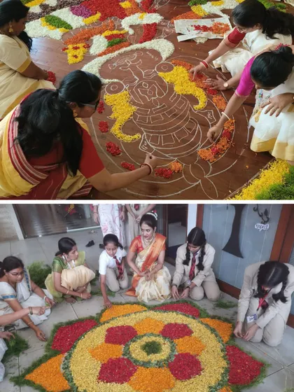 Teachers and students collaborate to create intricate Pookalams, a beautiful display of teamwork and tradition during our Onam festivities.