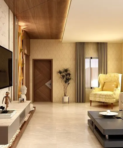 A 3D render of a living room with warm, earthy tones. The design features a comfortable sofa, a unique yellow accent chair, and a stunning TV wall with diamond-patterned backlighting.