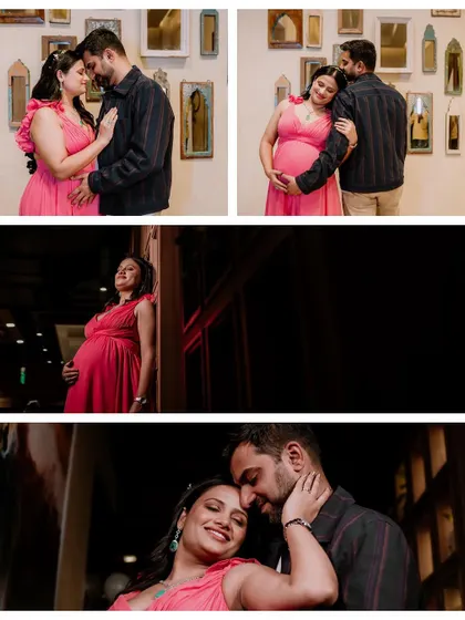 This four-photo collage tells a story of love and intimacy from a single maternity session. It combines tender couple poses with a beautiful solo portrait, showcasing the variety of shots we capture.