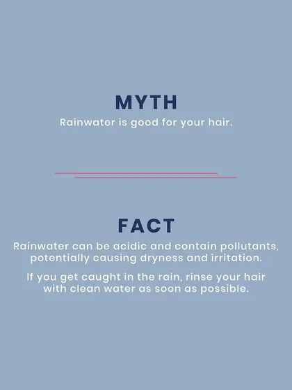 Myth: Rainwater is good for your hair. Fact: Rainwater can be acidic and contain pollutants, causing dryness. Always rinse your hair with clean water if you get caught in the rain.