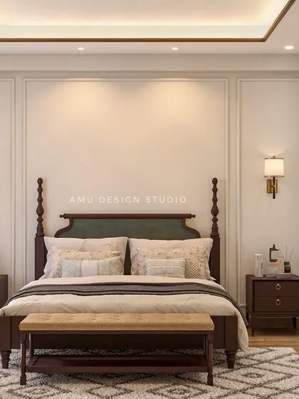 A proposed bedroom design with a classic four-poster bed in dark wood. The room features elegant wall molding and a neutral color scheme for a serene and timeless look.