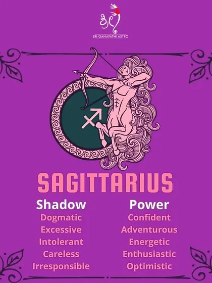 This image highlights the dual nature of the Sagittarius sign, showing their powerful traits like confidence and enthusiasm, as well as their shadow traits like carelessness and intolerance.