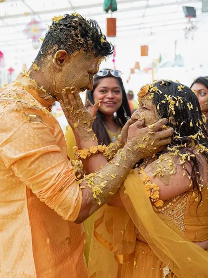 An intimate and playful moment between the couple during their Haldi ceremony. I believe in creating spaces where you can be yourselves and enjoy every second.