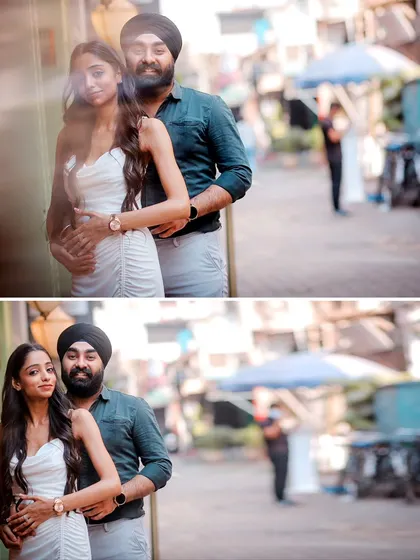 A creative pre-wedding shot using reflections to create a layered, dreamy effect. This diptych shows the same pose with slightly different framing, adding visual interest.