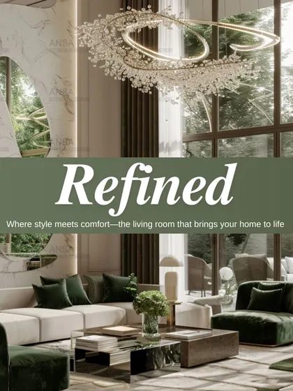 A refined living room where style meets comfort. The deep green velvet chairs add a touch of opulence, while the large windows connect the space to the lush greenery outside.