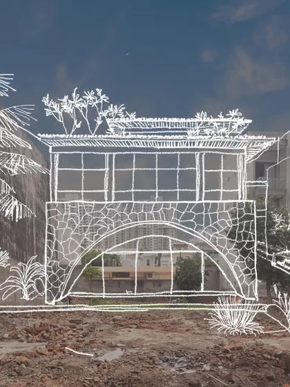 A concept sketch overlaid on a construction site for a new residential project in Noida. We are kicking off this project with a series of dramatic concrete arches, the largest being 31 feet wide.