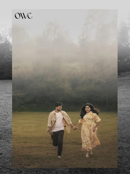 An artistic collage blending a black and white landscape with a color photo of a couple running, creating a unique visual narrative.