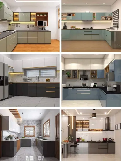 This collage showcases the variety of modern kitchen designs I offer, from bold colors to neutral palettes, all featuring smart layouts and high-quality finishes.