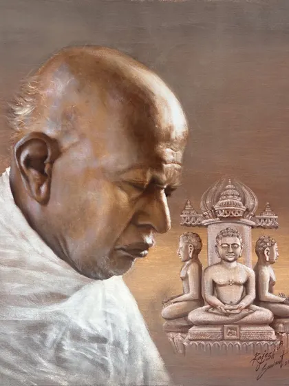 The final painting, "Divine Harmony," an acrylic on canvas piece depicting a spiritual figure in deep meditation with Jain Tirthankaras.