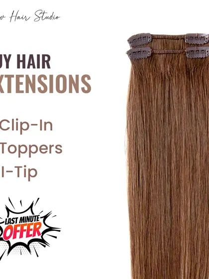 We offer a variety of hair solutions, including clip-in extensions, toppers, and I-Tip extensions. This promotional image highlights our range of easy-to-use and professional products.