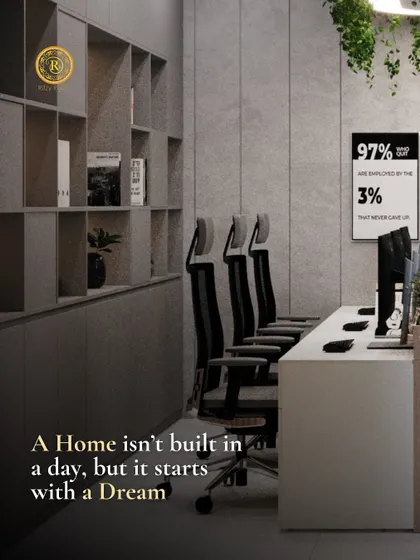 A home isn't built in a day, but it starts with a dream. This modern co-working or office space is designed for focus, with clean lines and motivational art.