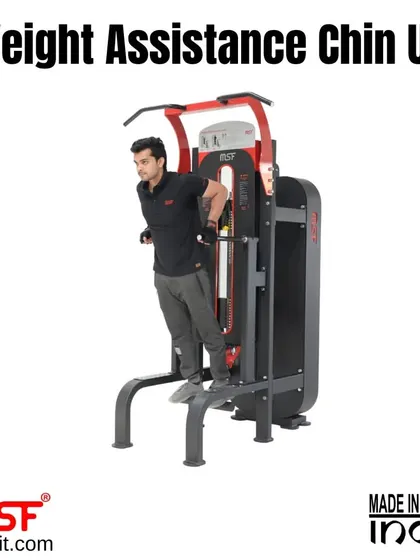 A user performs assisted dips, a great exercise for triceps and chest development.