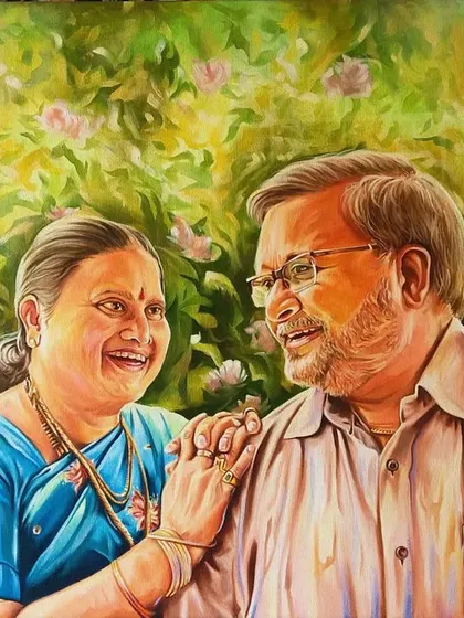 The final oil on canvas painting for an anniversary, capturing a candid, happy moment between the couple with a classic, soft-focus background.
