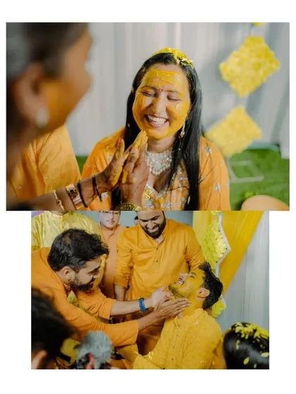 A collage showing both the bride and groom getting turmeric applied by their loved ones, capturing the parallel moments of the ceremony.