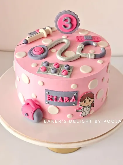 This doctor-themed cake was a special request for a 3-year-old who loves her toy doctor set. I had so much fun creating all the little fondant tools, from the stethoscope to the syringe.