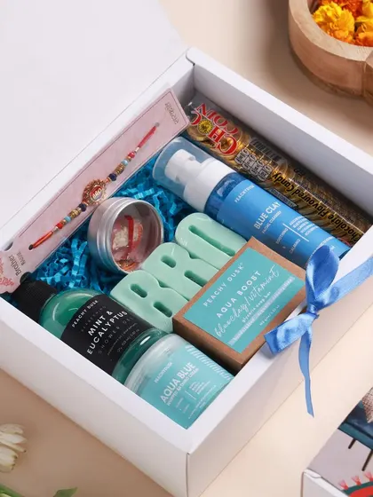 The Blue Rakhi Hamper is filled with my bestselling products, including the Blue Clay Facial Cleanser and Mint & Eucalyptus Shower Gel, making it the perfect gift for your brother.