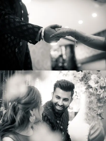 A black and white collage capturing a tender handhold and a joyful, candid interaction. These small moments are the building blocks of a great love story.