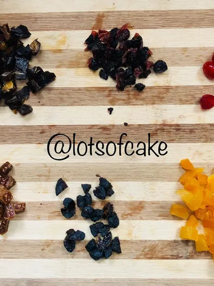 The heart of a good fruit cake is the fruit itself. Here is a colorful mix of chopped dried fruits ready to be soaked for my special eggless fruit cake recipe.