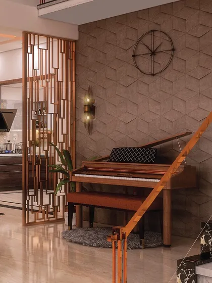 A cozy corner in the same home, featuring a piano set against a textured 3D wall. The design balances different elements like the modern partition and classic marble stairs to create a harmonious and multi-functional living space.