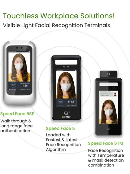 We also provide touchless workplace solutions, including facial recognition terminals. These systems can authenticate users with masks on and even include temperature detection, making them ideal for ensuring a safe and secure commercial environment.