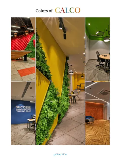 A collage showcasing the vibrant and diverse color palette used throughout the CALCO Polytechnik office. This design and build project was a holistic 360 degree solution, covering everything from branding and MEP to employee wellness spaces.