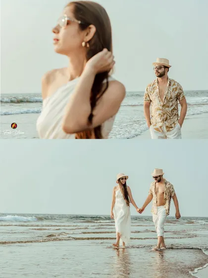 A beautifully composed shot of the couple walking hand in hand on the beach. This type of image is perfect for telling a visual story of their journey together.