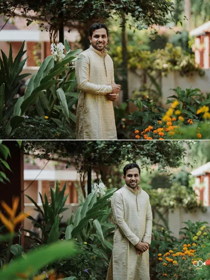 A diptych of the groom posing in the garden before his Haldi ceremony.
