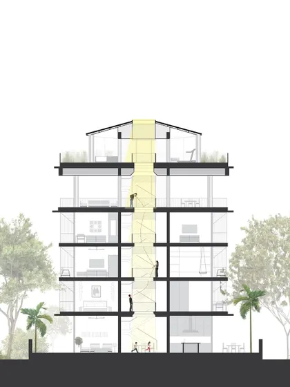 This cross-section of 'The Light House' illustrates how the central atrium acts as a light well, drawing natural light down through all floors of the home, inspired by the traditional 'wada'.