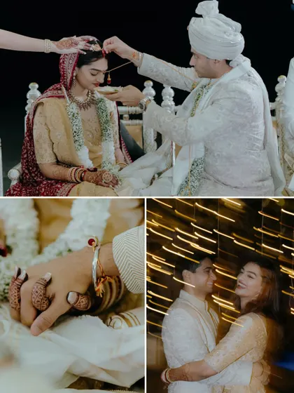 A collage of tender moments from the wedding ceremony. It includes the sindoor ceremony, a close-up of the couple holding hands, and a blurry, artistic shot of them dancing, all telling a story of love and ritual.