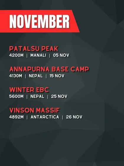 Our trek calendar for November 2025. Join us for a late-season trek to Patalsu Peak, Annapurna Base Camp, or the challenging Vinson Massif expedition in Antarctica.