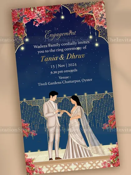 Say ‘yes’ to the perfect start with this beautiful engagement invitation. The illustration captures the magical moment of the ring ceremony under a starry night sky, framed by elegant florals and golden arches.