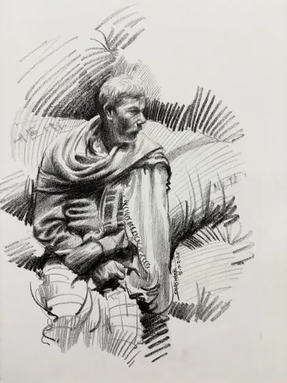 A detailed pencil sketch of a man, using heavy cross-hatching for dramatic shading.