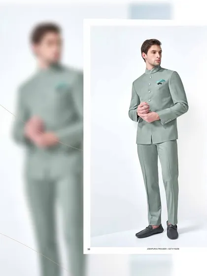 A royal Jodhpuri suit for a wedding day. This pastel green ensemble offers a clean, modern take on traditional attire, tailored for a perfect, comfortable fit.