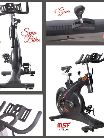 A collage detailing the features of our Magnetic Spin Bike, including the 4-gear system and ergonomic handlebars.