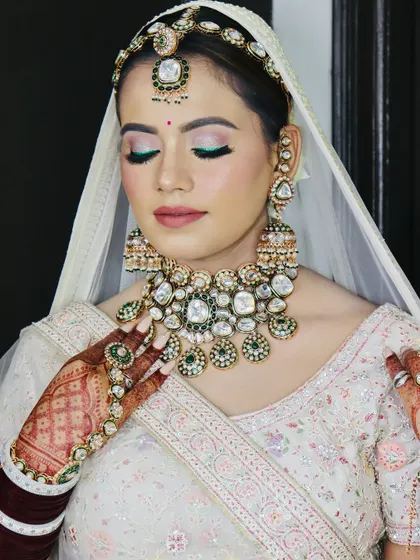 A close-up showing the flawless application of foundation and highlighter.