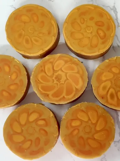 Another batch of the kaleidoscope soaps, showing a slightly different pattern from the same technique.