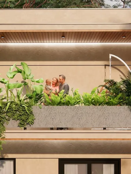 A close-up of a concept render, showing how we visualize the human experience within our designs, ensuring balconies and terraces are functional and inviting spaces for the family.