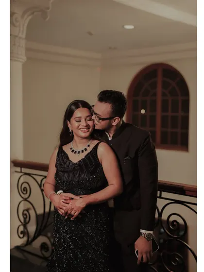 A sweet, romantic moment. This close-up shows the soft glam details of Isha's engagement party makeup, which complemented her sparkling navy dress.