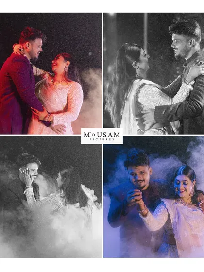A collage of romantic, moody portraits of the couple from their Sangeet night. The use of smoke and dramatic lighting in both color and black and white creates a cinematic and artistic feel.