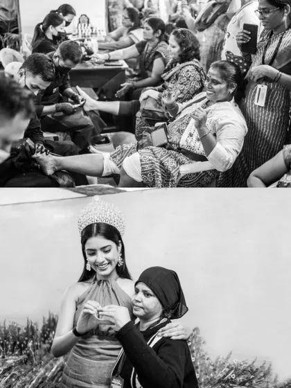 These black and white images from the Women's Day event at Tata Memorial Hospital focus on moments of connection and care. The top shows women enjoying pampering sessions, while the bottom captures a tender interaction with Miss India World Nikita Porwal.