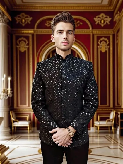 This black mirror work bandhgala jacket is perfect for making a statement at a sangeet or reception. It's modern, stylish, and has just the right amount of sparkle.