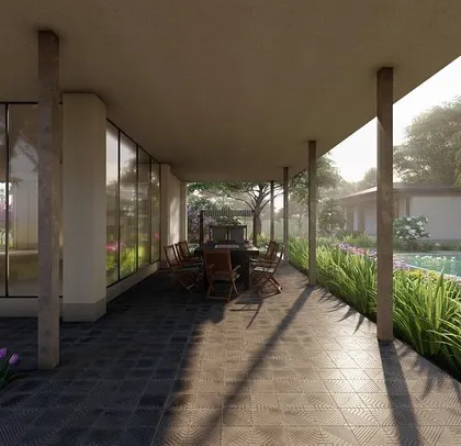 A render illustrating the covered verandah of the Alibag villa, showing how the interior space flows into the garden and pool area. We design the landscape to be an extension of the home.