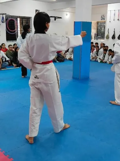 A view from the back of students practicing their forms.
