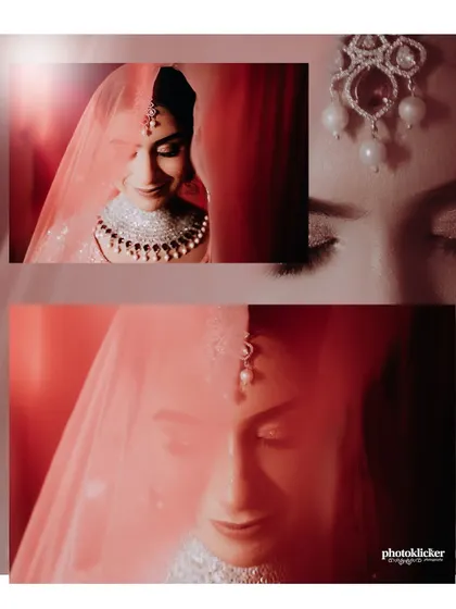 An artistic collage of a Sikh bride, using a soft, hazy effect over her veil to create a dreamy and romantic portrait.