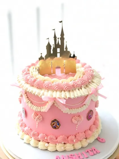 A vintage-style princess castle cake. The intricate buttercream piping and elegant details make this a sophisticated choice for a royal celebration.