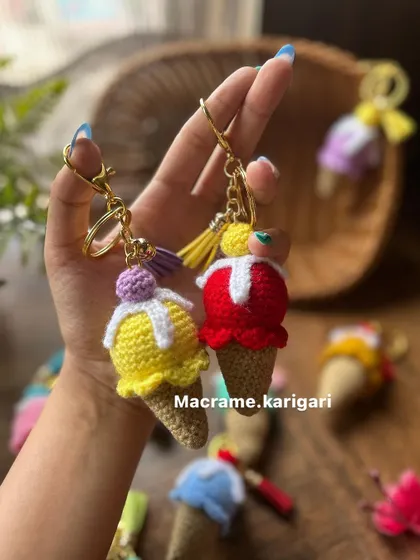 Our ice cream cone keychains are a sweet treat for your keys. This one features a scoop of strawberry and a scoop of vanilla, complete with a cherry on top.
